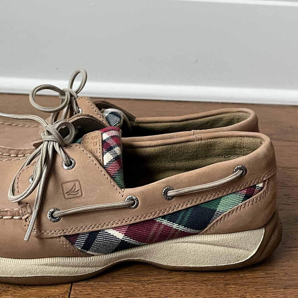 Sperry Top Sider Size 9.5 Khaki Leather Plaid Preppy Bluefish Oxford Boat Shoes - Picture 6 of 13